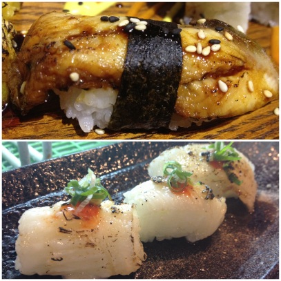[top] bbq eel (unagi) nigiri sushi (鰻魚) 100NT/2pcs. :: [bottom] halibut fin nigiri sushi (比目魚緣側) 160/2pcs.